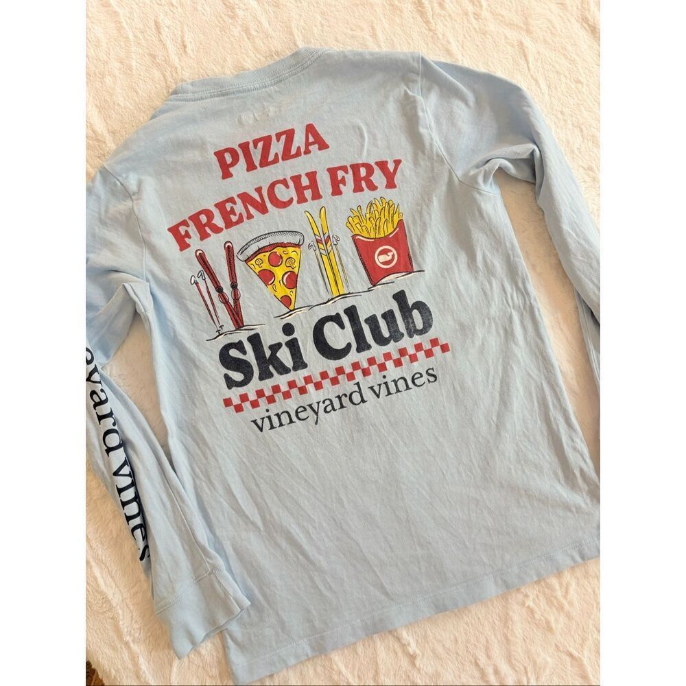 Vineyard Vines Kids Small Ski Club Long Sleeve Pocket Tee Pizza French Fry Blue